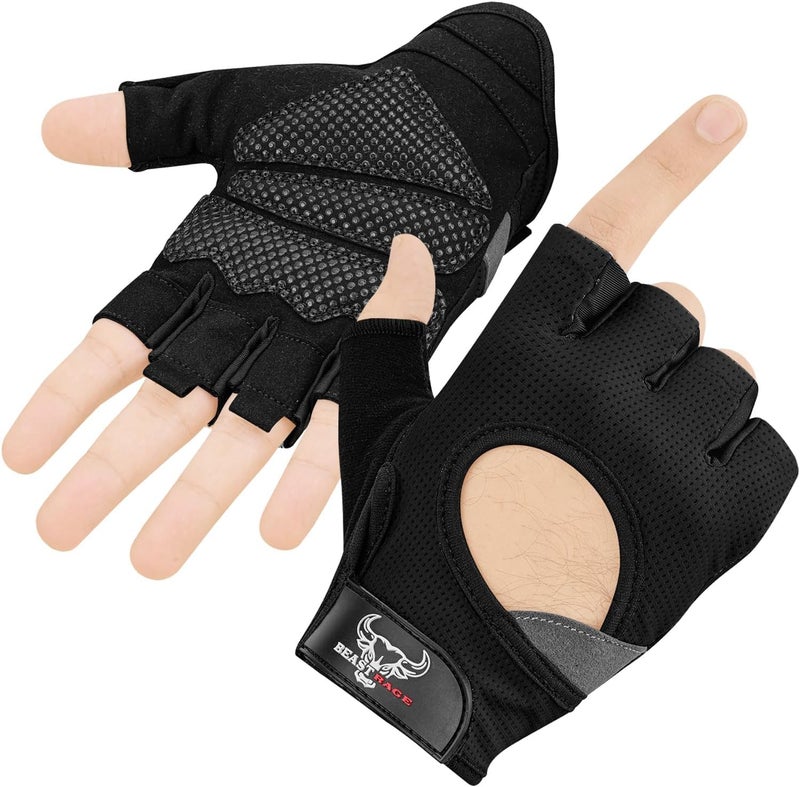 BEAST RAGE Fingerless Weight Lifting Gloves with Palm Protection Padding, Breathable Lightweight Gym Gloves for Men, Women, Weightlifting, Cycling, Exercise, Training Pull Up - Image 1